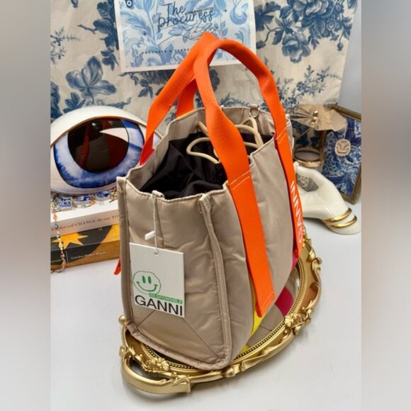 🆕 GANNI 🧿 NWT Small Recycled Tech Tote Bag Crossbody, Khaki & Orange - Picture 3 of 14